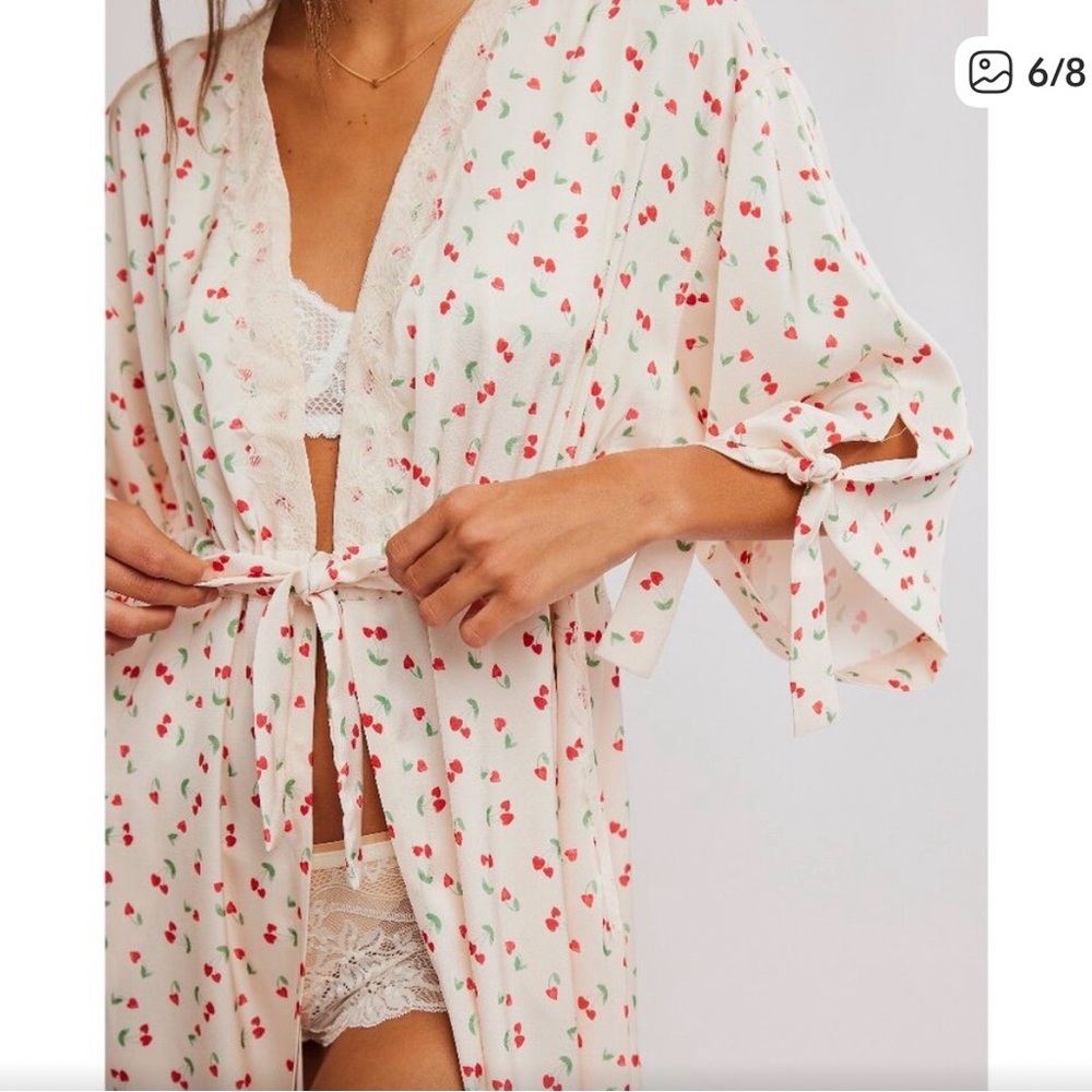 Free People Cream Cherry-Print Lace Robe